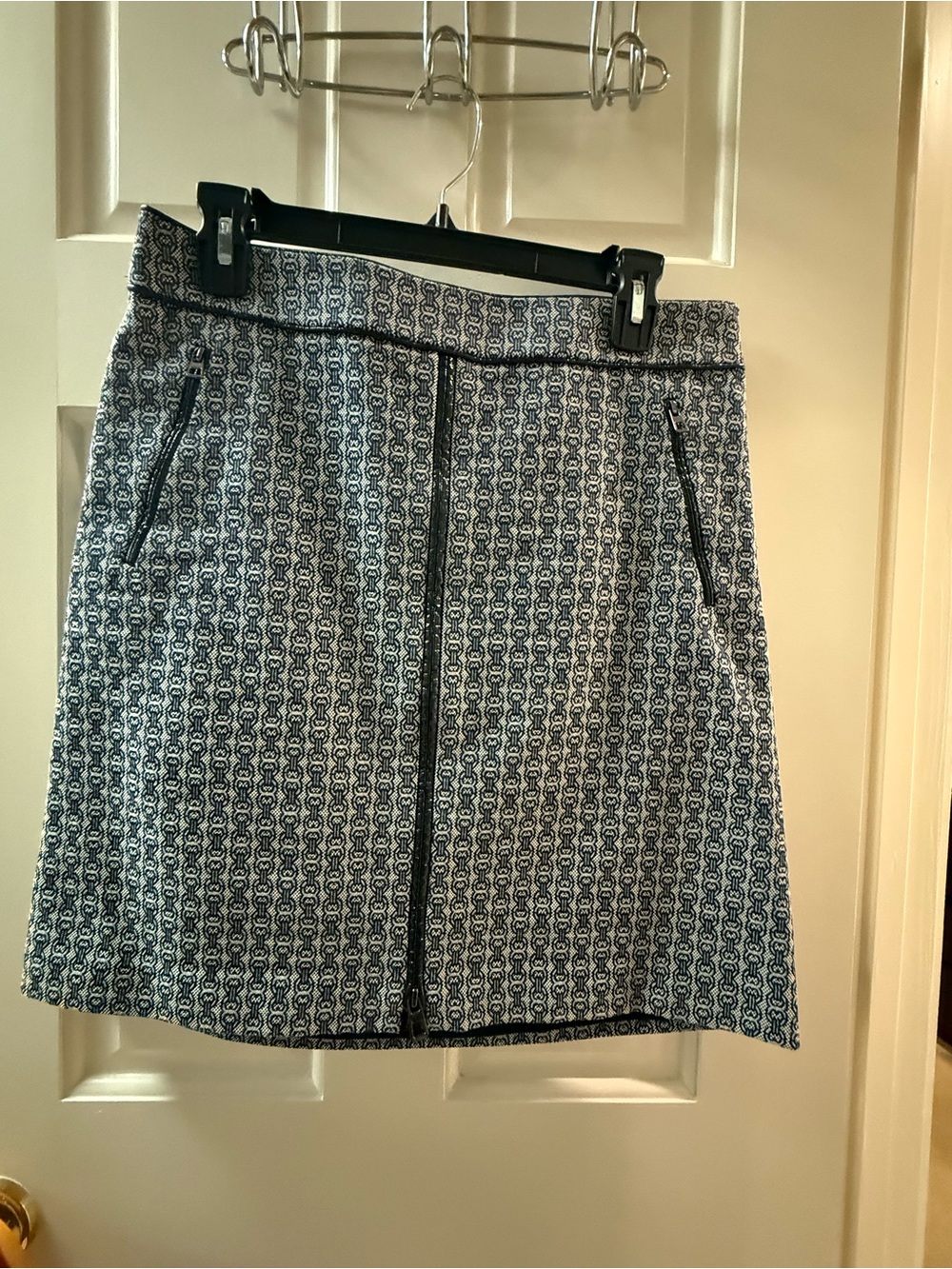 Tory Burch Navy and White Monogram Zip-Front Mini Skirt